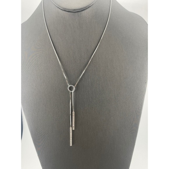 Jewelry - Sterling Silver CZ Lariat Y Necklace Adjustable Box‎ Chain Pavé Bar Drop Pendant